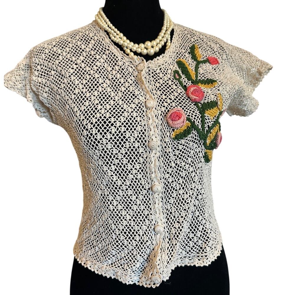 Merilene Hand Crochet Top Cream Cotton Floral Applique Short Sleeve Cardigan M
